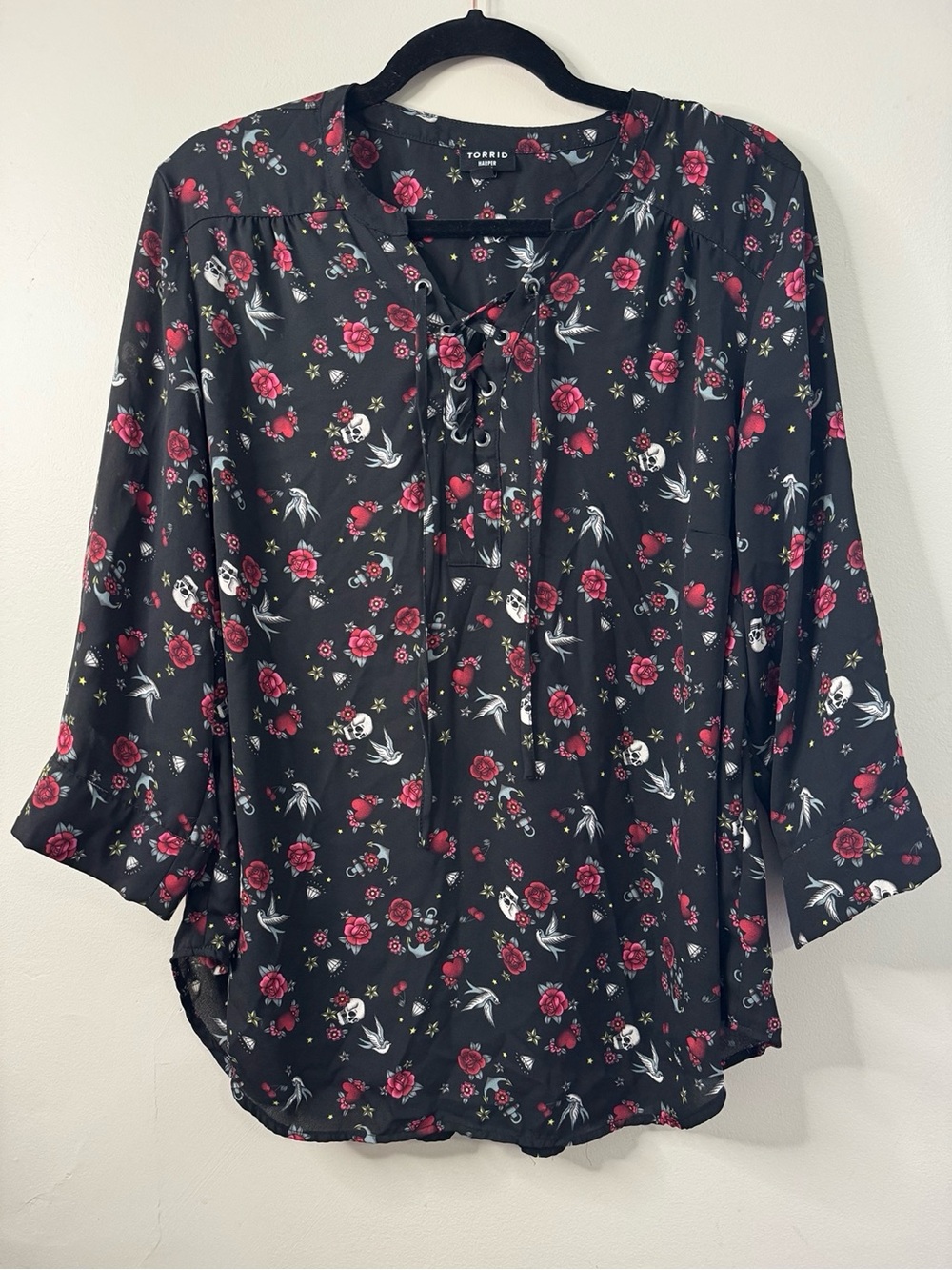 Torrid Harper Georgette Black Floral Lace-Up Peasant Blouse